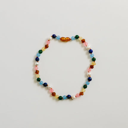 Raw Baltic Amber and Pearl Necklace + Sweet Pink Gemstones