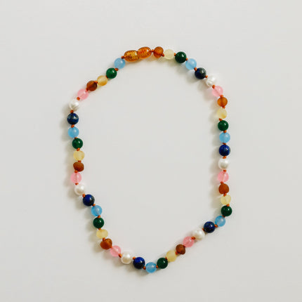 Raw Baltic Amber and Pearl Necklace + Sweet Pink Gemstones