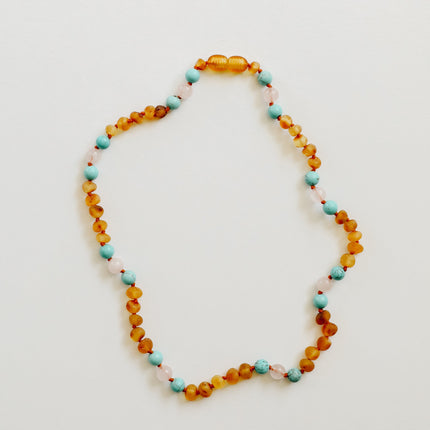 Raw Honey Baltic Amber and Natural Turquoise + Rose Quartz || Necklace