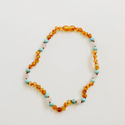Raw Honey Baltic Amber and Natural Turquoise + Rose Quartz || Necklace