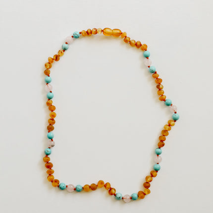 Raw Honey Baltic Amber and Natural Turquoise + Rose Quartz || Necklace