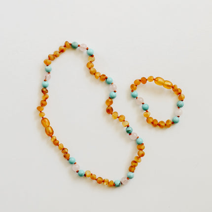 Raw Honey Baltic Amber and Natural Turquoise + Rose Quartz || Anklet or Bracelet