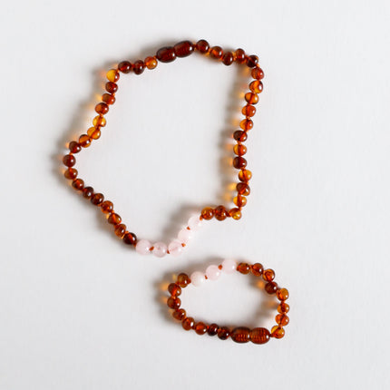 Polished Cognac Baltic Amber + Rose Quartz || Anklet or Bracelet