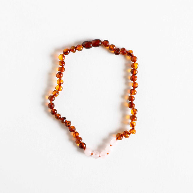 Polished Cognac Baltic Amber + Rose Quartz || Necklace