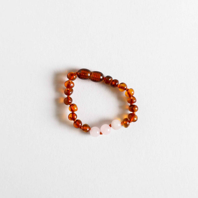 Polished Cognac Baltic Amber + Rose Quartz || Anklet or Bracelet