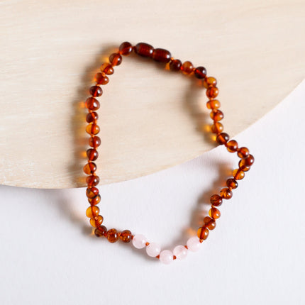 Polished Cognac Baltic Amber + Rose Quartz || Necklace