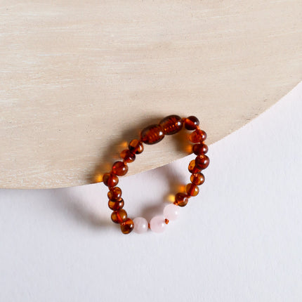 Polished Cognac Baltic Amber + Rose Quartz || Anklet or Bracelet