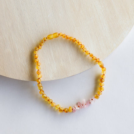 Raw Honey Baltic Amber + Raw Rose Quartz || Necklace