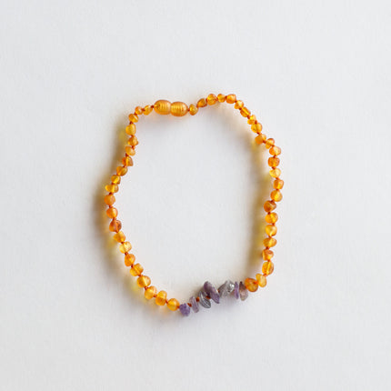 Raw Honey Baltic Amber + Raw Amethyst || Necklace