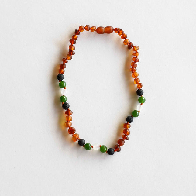 Raw Cognac Baltic Amber || Lava + Jade + Agate || Necklace