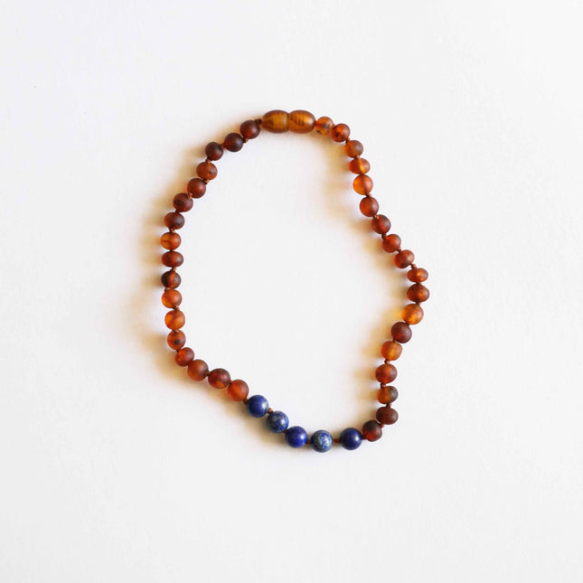 Raw Cognac Baltic Amber + Lapis Stone Necklace