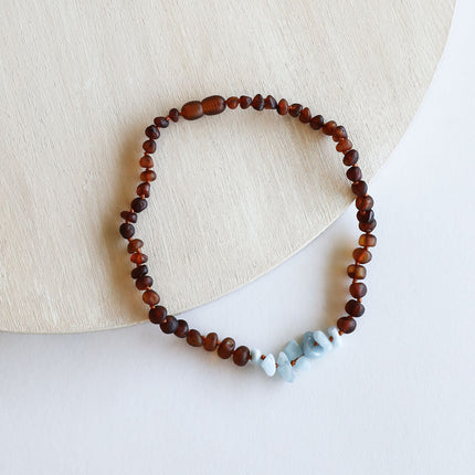 Raw Cognac Baltic Amber + Aquamarine || Necklace