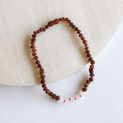Raw Cognac Baltic Amber + Rose Quartz || Necklace