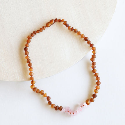 Raw Cognac Baltic Amber + Raw Rose Quartz || Necklace
