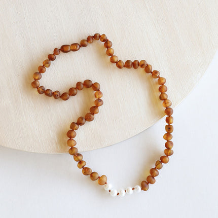 Raw Cognac Baltic Amber + Pearls || Necklace