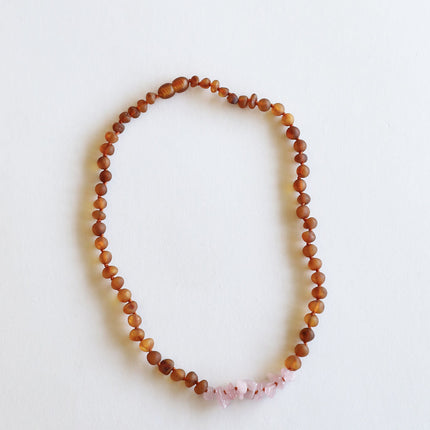 Raw Cognac Baltic Amber + Raw Rose Quartz || Necklace