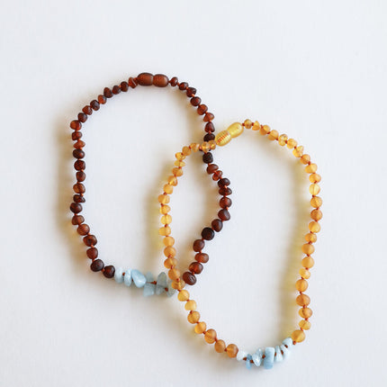 Raw Cognac Baltic Amber + Aquamarine || Necklace