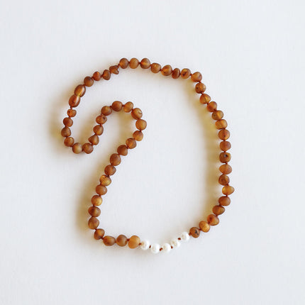 Raw Cognac Baltic Amber + Pearls || Necklace