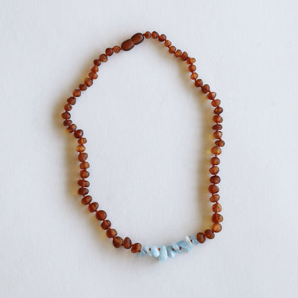 Raw Cognac Baltic Amber + Aquamarine || Necklace