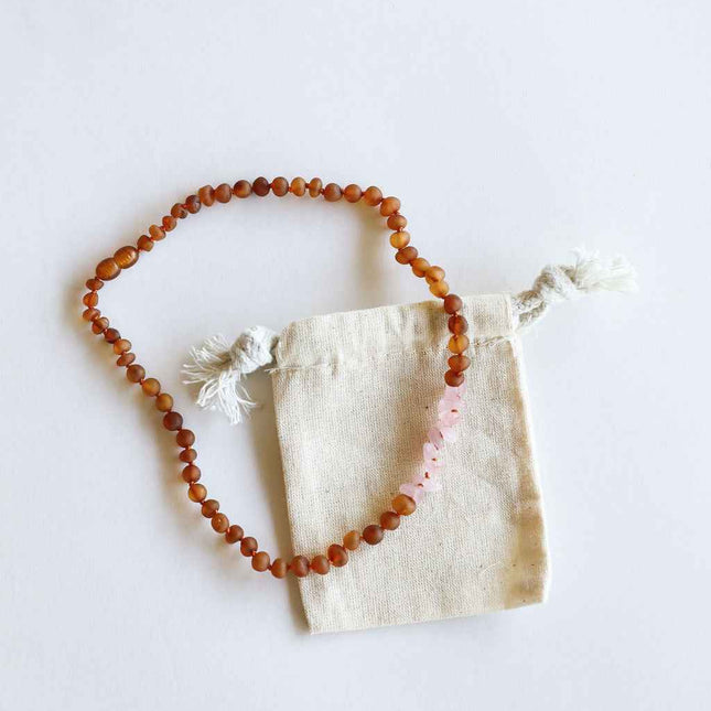 Raw Cognac Baltic Amber + Raw Rose Quartz || Necklace