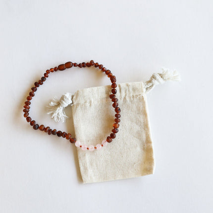 Polished Cognac Baltic Amber + Rose Quartz || Necklace
