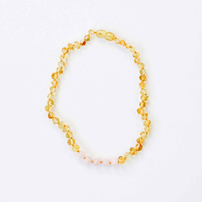 Polished Honey Baltic Amber + Rose Quartz || Necklace