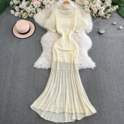 Vintage Hollow-Out Knit Dress – Women's Summer Elegant Tie-Waist A-Line Midi, Fishtail Slim-Fit Gown