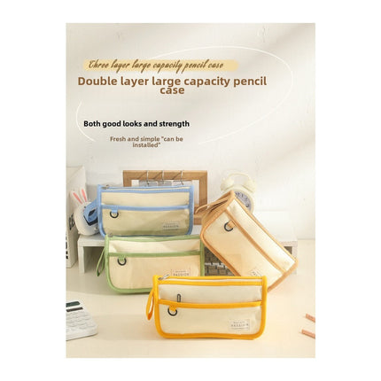 Color Matching Large-Capacity Canvas Pencil Case - Double-Layer Simple Design for Student Stationery Box