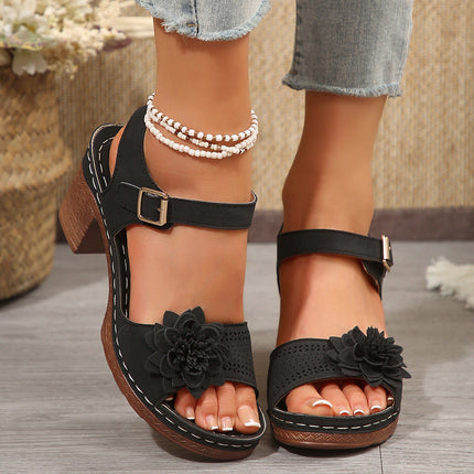 Women's Floral T-Strap Chunky Heel Platform Sandals