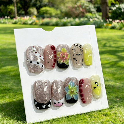 Handmade Floral Glitter Press On False Nails