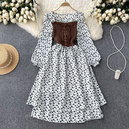 Trendy Dress with Tie Belt – French Contrast Floral Print, Two-Piece Illusion Design, Sweet Long Sleeve Frock