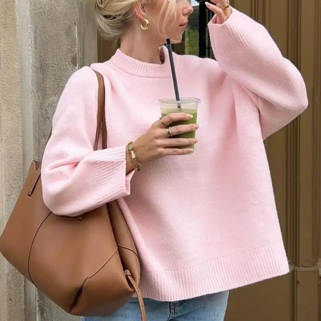 Fashion Pink Solid Warm Thick Loose Sweater Women Elegant O-neck Long Sleeve Knitted Pullover Top Autumn Female Tops Jumpers - Dashing Nova