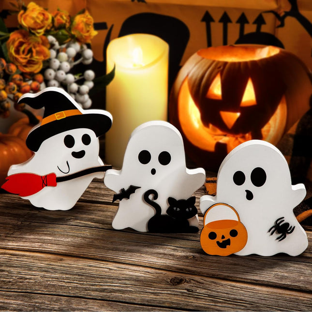 Cute Ghost Halloween Decorations Indoor, Wooden Tiered Tray Decor Table Sign Set of 3, Black Cat Bat Witch Broom Signs Pumpkin Blocks for Party Home Shelf Display (A-Ghost) - Dashing Nova