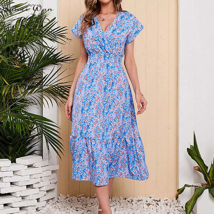 Women Summer Chiffon Floral Print Long Dress Short Sleeve Elegant V Neck Elastic Waist Holiday Beach Dress