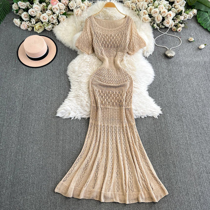 Vintage Hollow-Out Knit Dress – Women's Summer Elegant Tie-Waist A-Line Midi, Fishtail Slim-Fit Gown