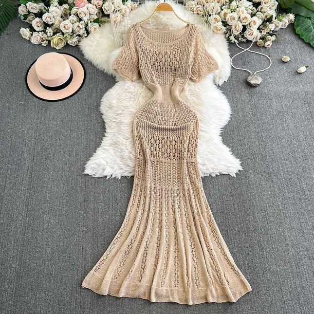 Vintage Hollow-Out Knit Dress – Women's Summer Elegant Tie-Waist A-Line Midi, Fishtail Slim-Fit Gown