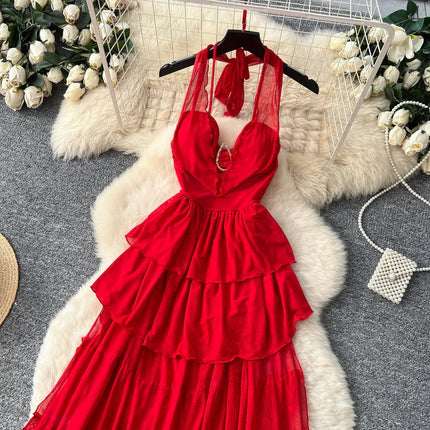 Red Halter Sleeveless Mesh Dress – V-Neck Tie-Waist Tiered Cake Maxi, Summer Vacation Statement Gown