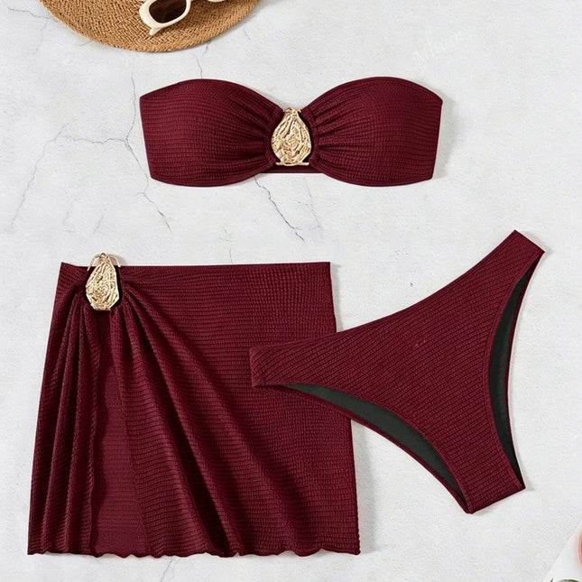 Women's 3-Piece Split Swimsuit Skirted Bikini for Hot Spring Vacation Beach