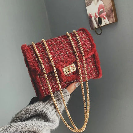 Small chain bag lock closure 2025 autumn and winter with synthetic fur decoration X9178