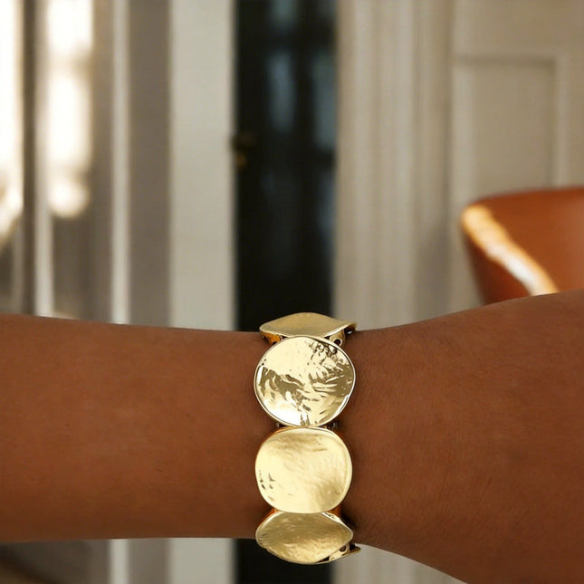 Personality Metal Pleated Geometric Disc Stretch Bracelet Heavy Duty Minimalist