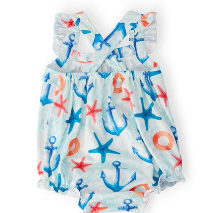 Anchors Away Ruffle Cross Back Romper