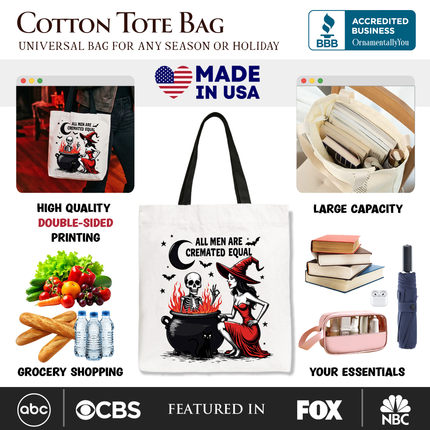 All Men Are Cremated Equal Halloween Tote Bag, Funny Witch - Dashing Nova