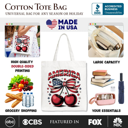 America Coquette Cherries Tote Bag, Patriotic 4th of July Gift Shopper - Dashing Nova