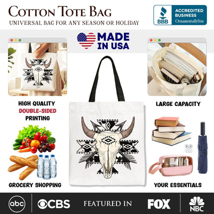 Aztec Tribal Bull Skull Canvas Tote Bag, Western Boho Gift Shopper - Dashing Nova