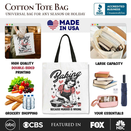 Baking Because Murder Is Wrong Anti-Valentine Tote Bag, Funny Retro Kitchen Gift Shopper