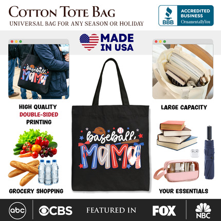 Baseball Mama Preppy Bow Tote Bag, Girly Sports Mom Gift Shopper - Dashing Nova