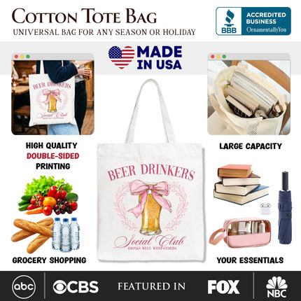 Beer Drinkers Social Club Tote Bag, Coquette Pink Bow Gift Shopper for Girly Summer Bachelorette Vibes - Dashing Nova