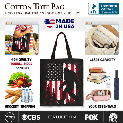 Bigfoot American Flag Canvas Tote Bag, Patriotic Sasquatch Gift Shopper - Dashing Nova