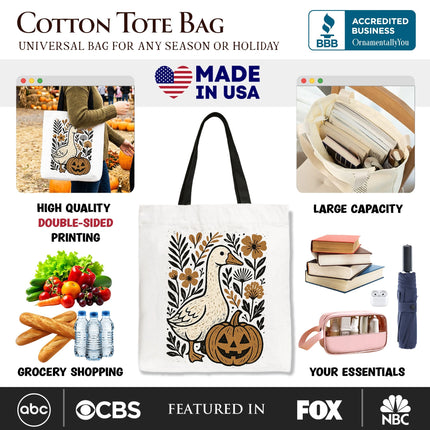 Boho Goose Halloween Pumpkin Tote Bag, Spooky Fall Floral Gift Shopper - Dashing Nova