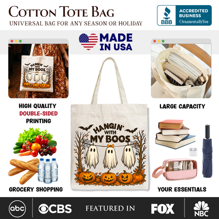 Boho Spooky Season Ghost Tote Bag, Cute Halloween Gift Shopper with Fall Pumpkins - Dashing Nova